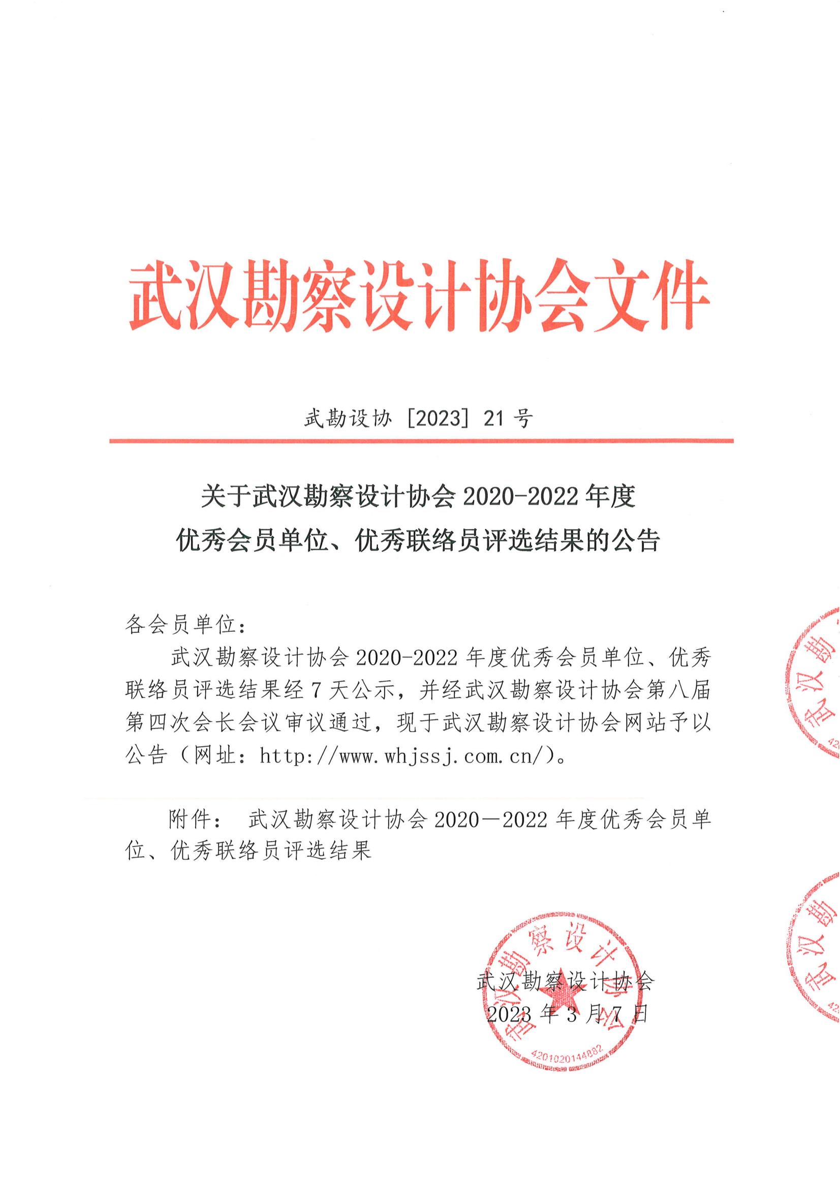 關于武漢勘察設計協會2020-2022年度優秀會員單位、優秀聯絡員評選結果的公告